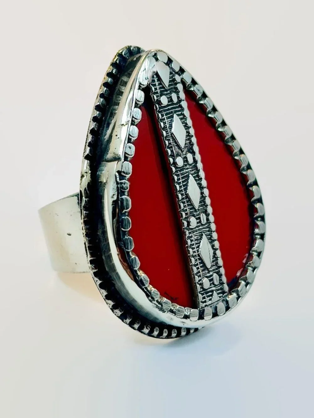 Vintage Ring, Afghan, Red Glass: Middle Eastern, Silver, Ethnic, Bohemian, Big